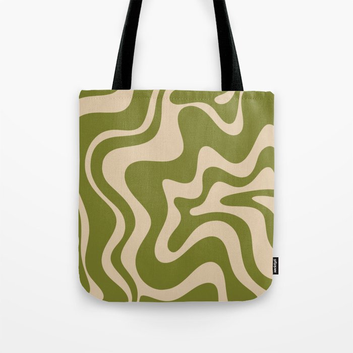 Retro Liquid Swirl Abstract Pattern in Mid Mod Olive Green and Beige Tote Bag Gallery Image 1