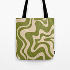 Retro Liquid Swirl Abstract Pattern in Mid Mod Olive Green and Beige Tote Bag Gallery Image 1