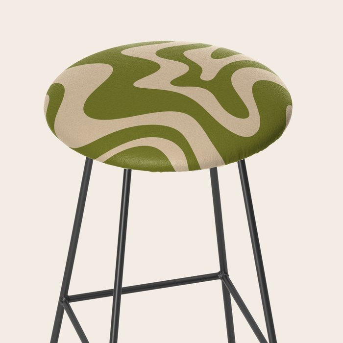 Retro Liquid Swirl Abstract Pattern in Mid Mod Olive Green and Beige Stool Gallery Image 2
