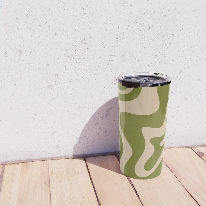 Retro Liquid Swirl Abstract Pattern in Mid Mod Olive Green and Beige Travel Mug Gallery Image 4