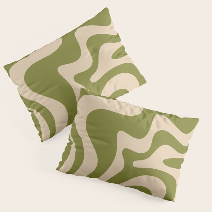 Retro Liquid Swirl Abstract Pattern in Mid Mod Olive Green and Beige Pillow Sham Gallery Image 3