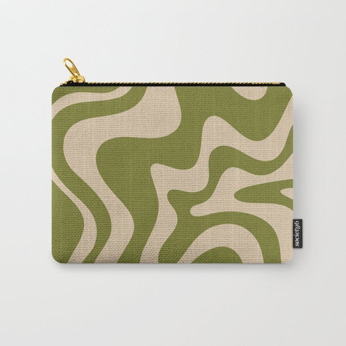 Retro Liquid Swirl Abstract Pattern in Mid Mod Olive Green and Beige Carry All Pouch Gallery Image 1