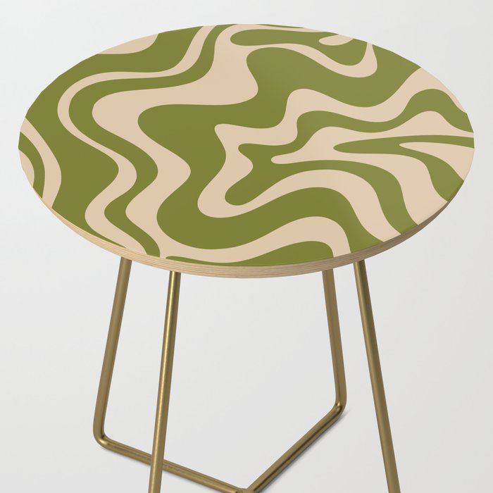Retro Liquid Swirl Abstract Pattern in Mid Mod Olive Green and Beige Side Table Gallery Image 2