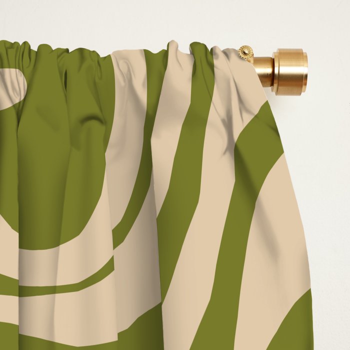 Retro Liquid Swirl Abstract Pattern in Mid Mod Olive Green and Beige Window Curtain Gallery Image 2