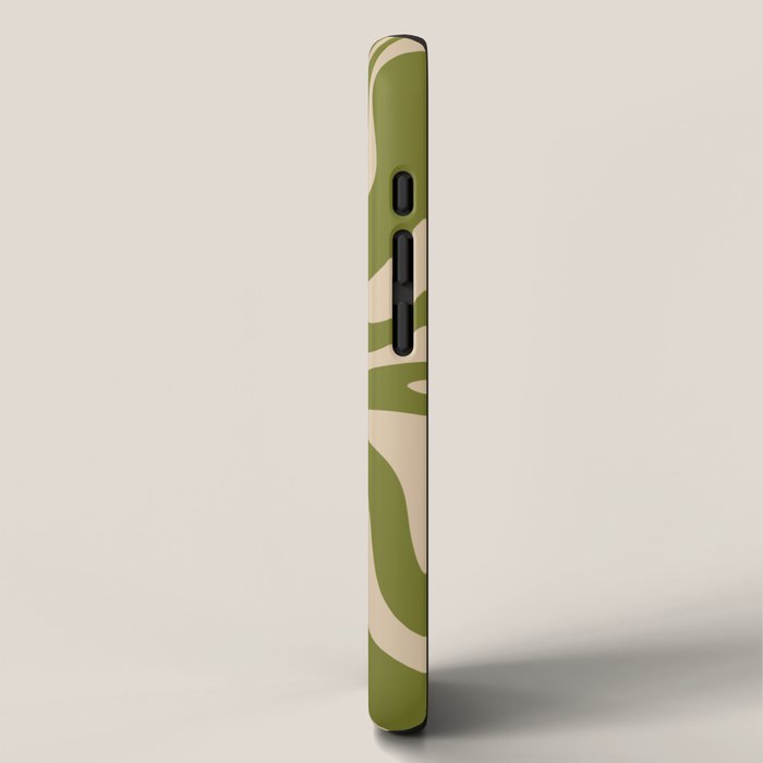 Retro Liquid Swirl Abstract Pattern in Mid Mod Olive Green and Beige iPhone Case Gallery Image 2