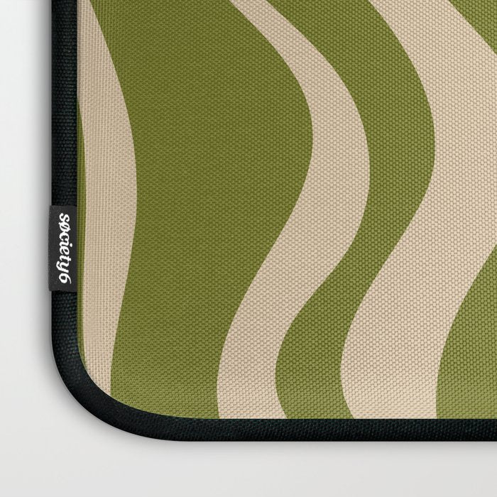 Retro Liquid Swirl Abstract Pattern in Mid Mod Olive Green and Beige Laptop Sleeve Gallery Image 3