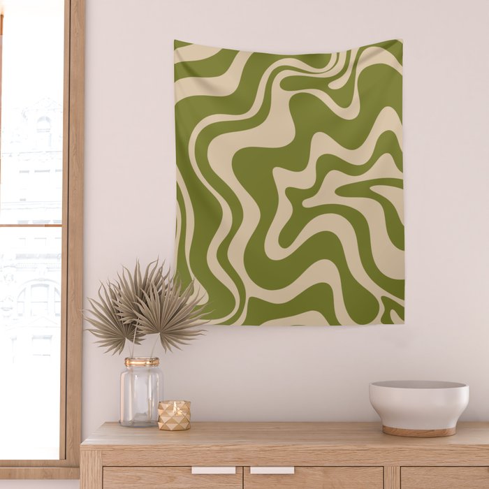 Retro Liquid Swirl Abstract Pattern in Mid Mod Olive Green and Beige Wall Tapestry Gallery Image 2