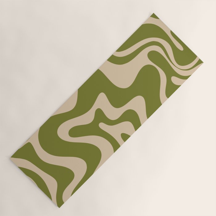 Retro Liquid Swirl Abstract Pattern in Mid Mod Olive Green and Beige Yoga Mat Gallery Image 1
