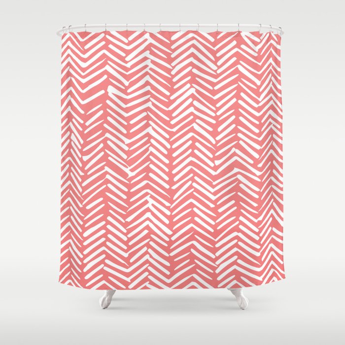 Geometric Art, Herringbone, Coral, Wall Art Boho Shower Curtain Gallery Image 1