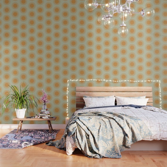 Boho Summer Sun Pattern VIII Sage and Orange Wallpaper Gallery Image 1