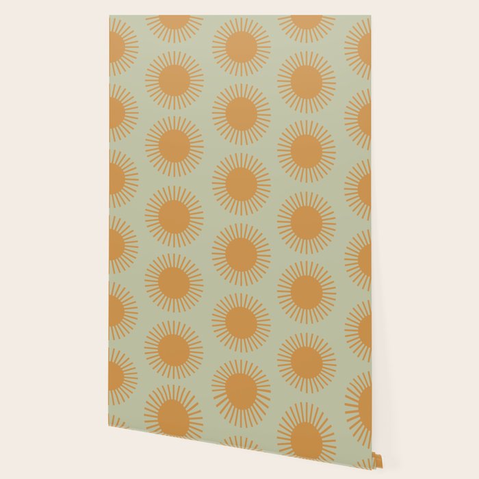 Boho Summer Sun Pattern VIII Sage and Orange Wallpaper Gallery Image 2