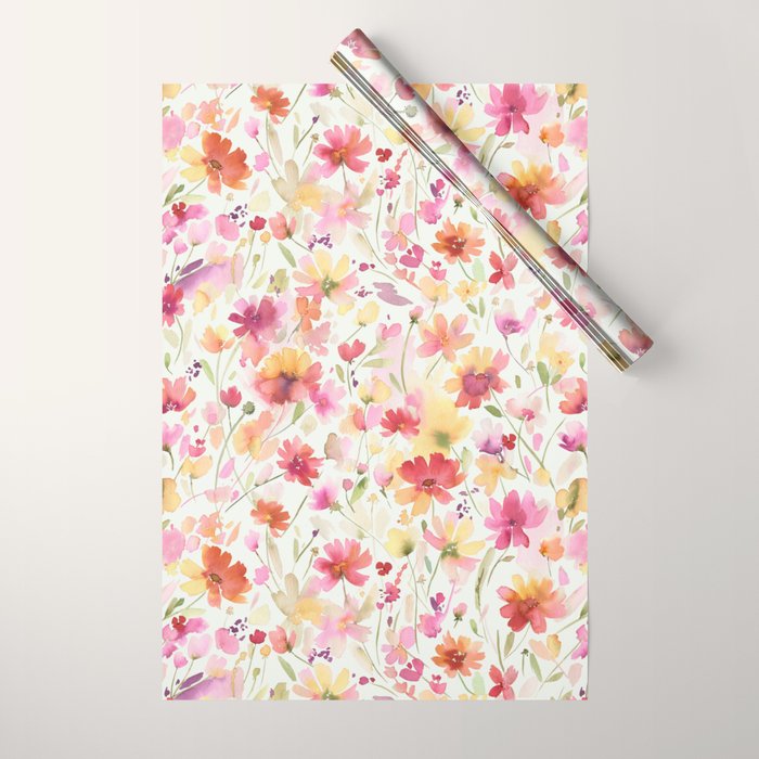 Natural Haze Spring Meadow Cosmos Wildflowers Magenta Red Yellow Wrapping Paper
