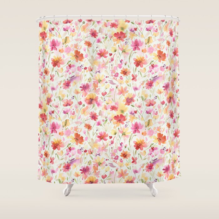 Natural Haze Spring Meadow Cosmos Wildflowers Magenta Red Yellow Shower Curtain Gallery Image 1