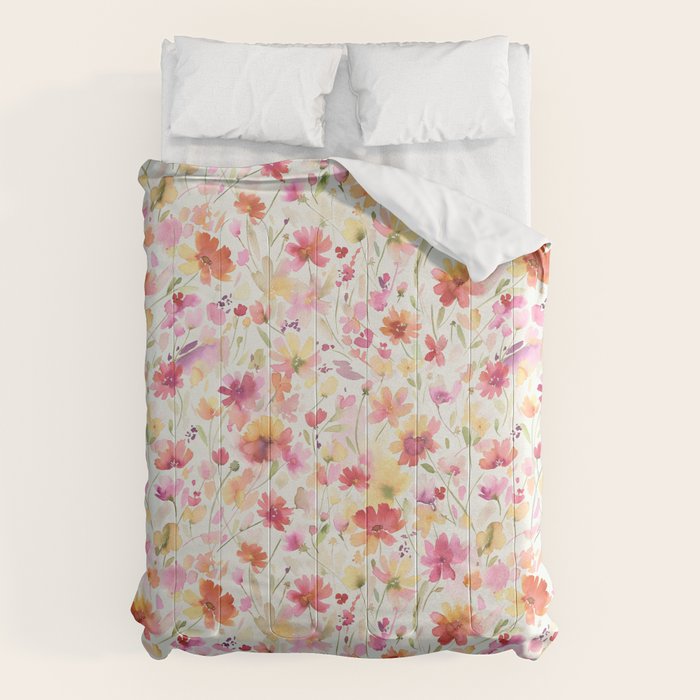 Natural Haze Spring Meadow Cosmos Wildflowers Magenta Red Yellow Comforter Gallery Image 1