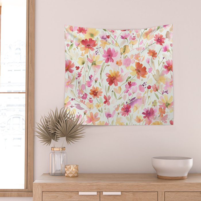 Natural Haze Spring Meadow Cosmos Wildflowers Magenta Red Yellow Wall Tapestry Gallery Image 2