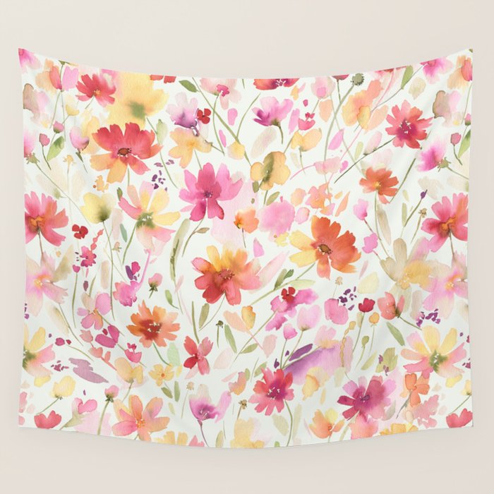 Natural Haze Spring Meadow Cosmos Wildflowers Magenta Red Yellow Wall Tapestry Gallery Image 4