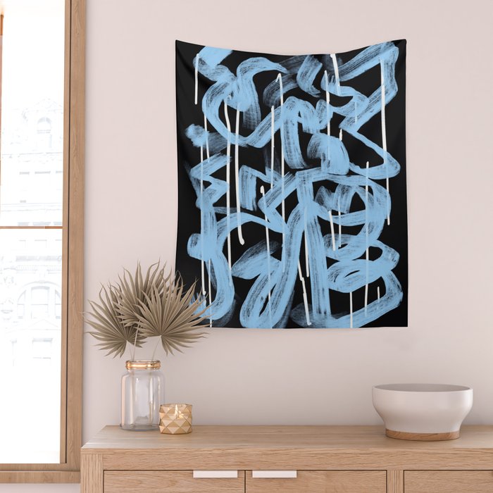 Blue abstract calligraphy Wall Tapestry Gallery Image 2