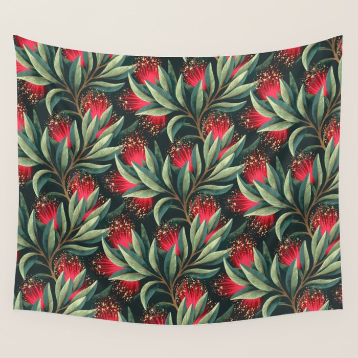 Pohutukawa - Red / Natural Green Wall Tapestry Gallery Image 1