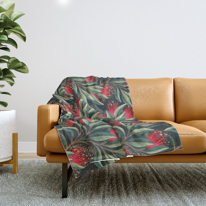 Pohutukawa - Red / Natural Green Throw Blanket Gallery Image 1