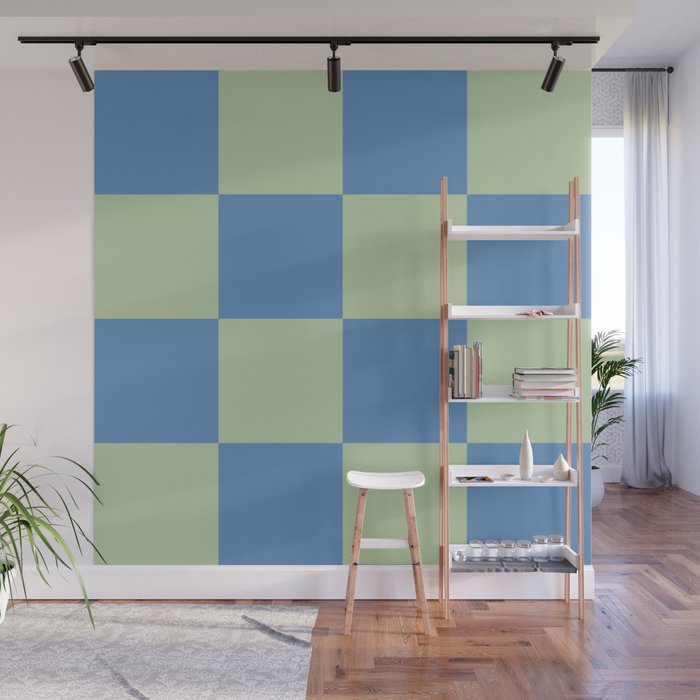 Blue and Light Green Checkerboard Pattern Wall Mural Gallery Image 1