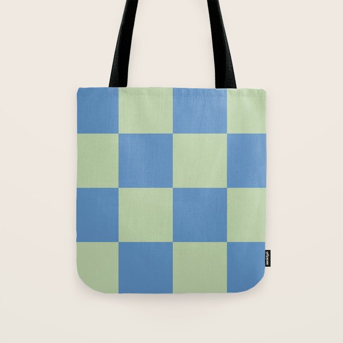 Blue and Light Green Checkerboard Pattern Tote Bag Gallery Image 1