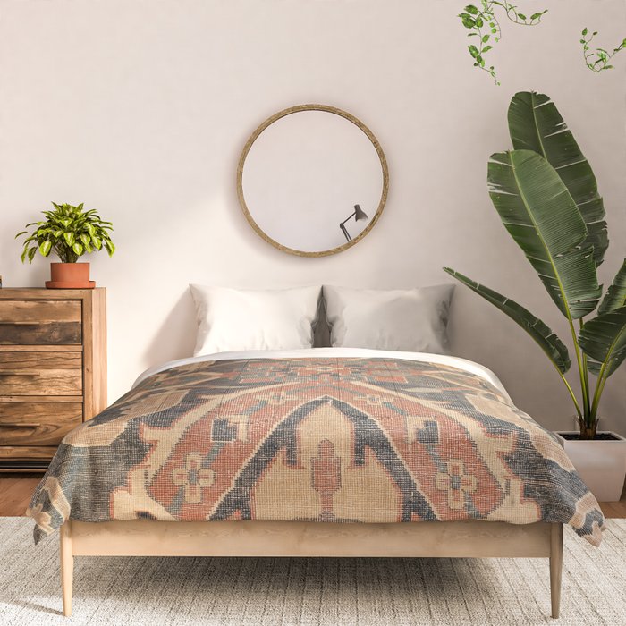 Geometric Leaves II // 18th Century Distressed Red Blue Green Colorful Ornate Accent Rug Pattern Comforter Gallery Image 3