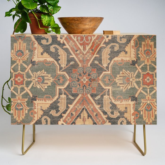 Geometric Leaves II // 18th Century Distressed Red Blue Green Colorful Ornate Accent Rug Pattern Credenza Gallery Image 1