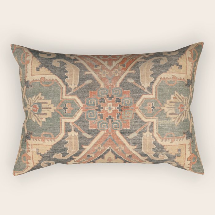 Geometric Leaves II // 18th Century Distressed Red Blue Green Colorful Ornate Accent Rug Pattern Rectangular Pillow Gallery Image 2