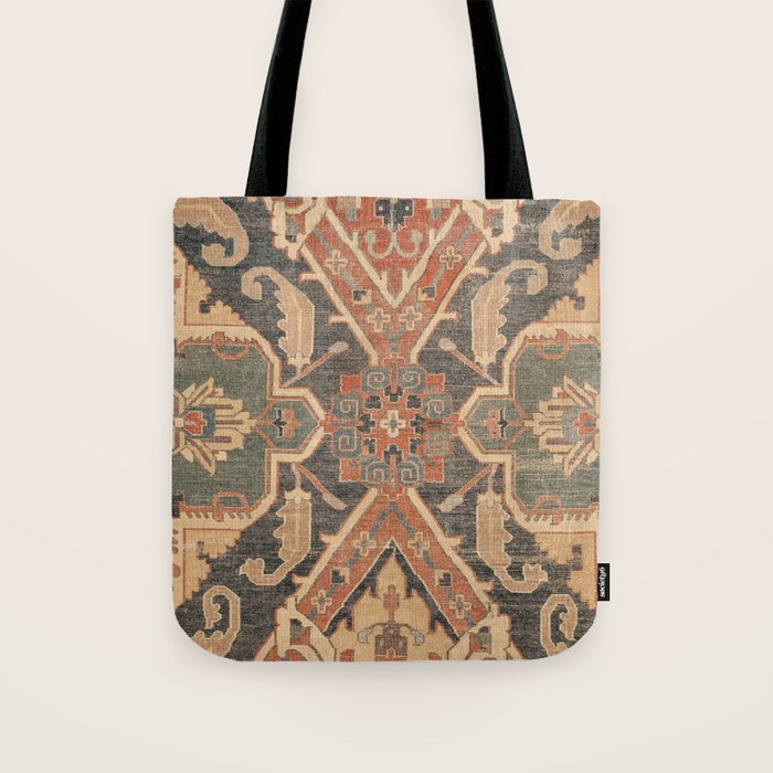 Geometric Leaves II // 18th Century Distressed Red Blue Green Colorful Ornate Accent Rug Pattern Tote Bag Gallery Image 1