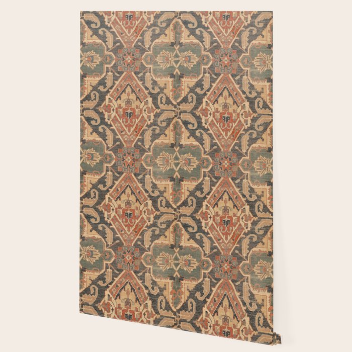 Geometric Leaves II // 18th Century Distressed Red Blue Green Colorful Ornate Accent Rug Pattern Wallpaper Gallery Image 2