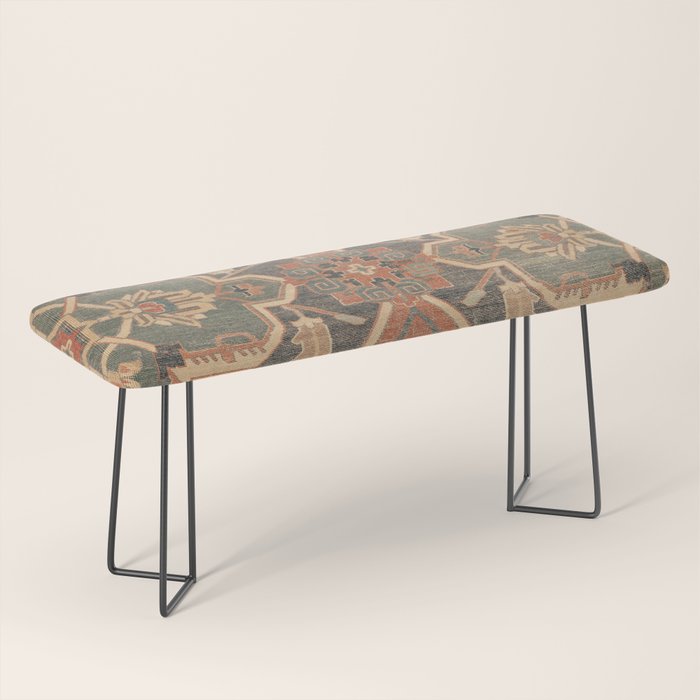 Geometric Leaves Ii // 18th Century Distressed Red Blue Green Colorful Ornate Accent Rug Pattern Bench