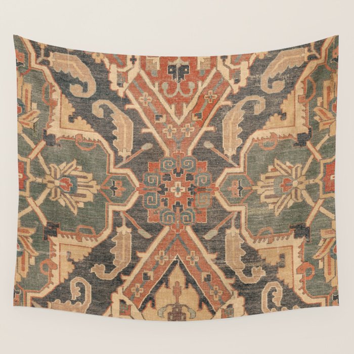 Geometric Leaves II // 18th Century Distressed Red Blue Green Colorful Ornate Accent Rug Pattern Wall Tapestry Gallery Image 1