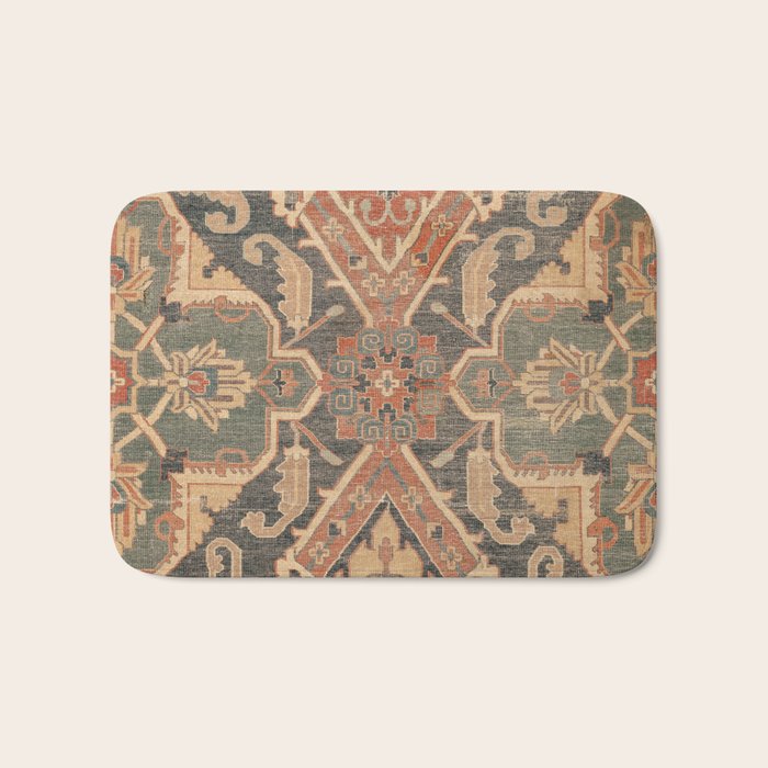 Geometric Leaves II // 18th Century Distressed Red Blue Green Colorful Ornate Accent Rug Pattern Bath Mat Gallery Image 1