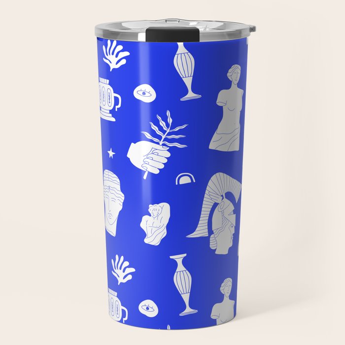 Blue ancient greek art statue pattern Travel Mug Gallery Image 1