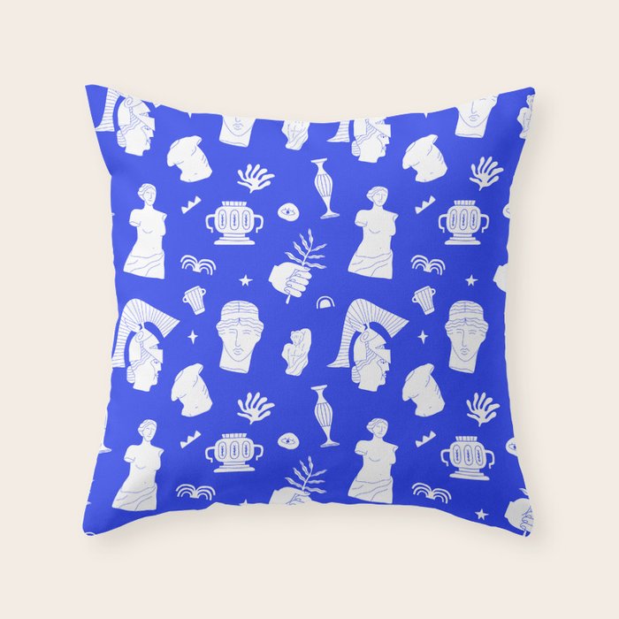 Blue ancient greek art statue pattern Throw Pillow Gallery Image 1