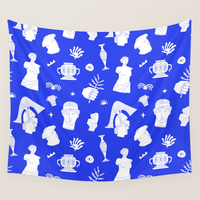 Blue ancient greek art statue pattern Wall Tapestry Gallery Image 1