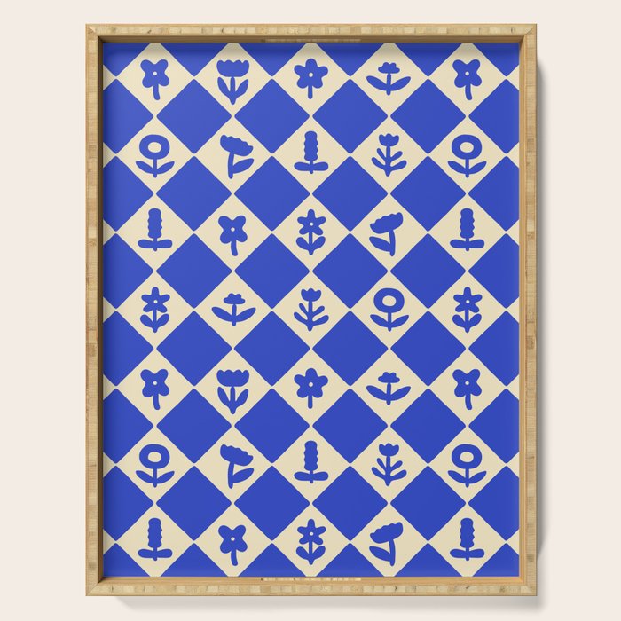 Abstract blue flower collage art pattern Serving Tray Gallery Image 1