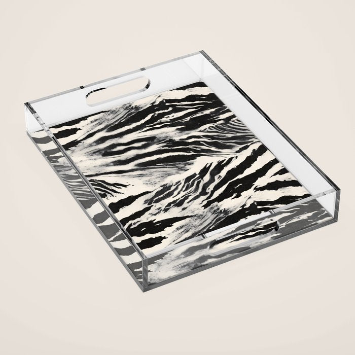 Abstract Zebra Stripe Pattern Modern Black and Beige Animal Acrylic Tray Gallery Image 1