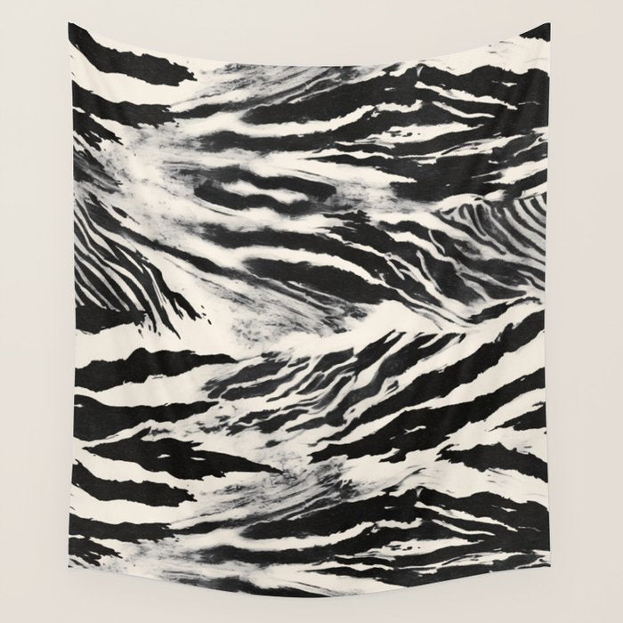 Abstract Zebra Stripe Pattern Modern Black and Beige Animal Wall Tapestry Gallery Image 1