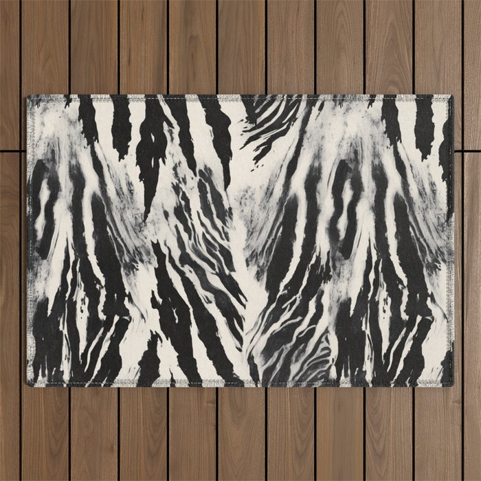 Abstract Zebra Stripe Pattern Modern Black and Beige Animal Outdoor Rug Gallery Image 1