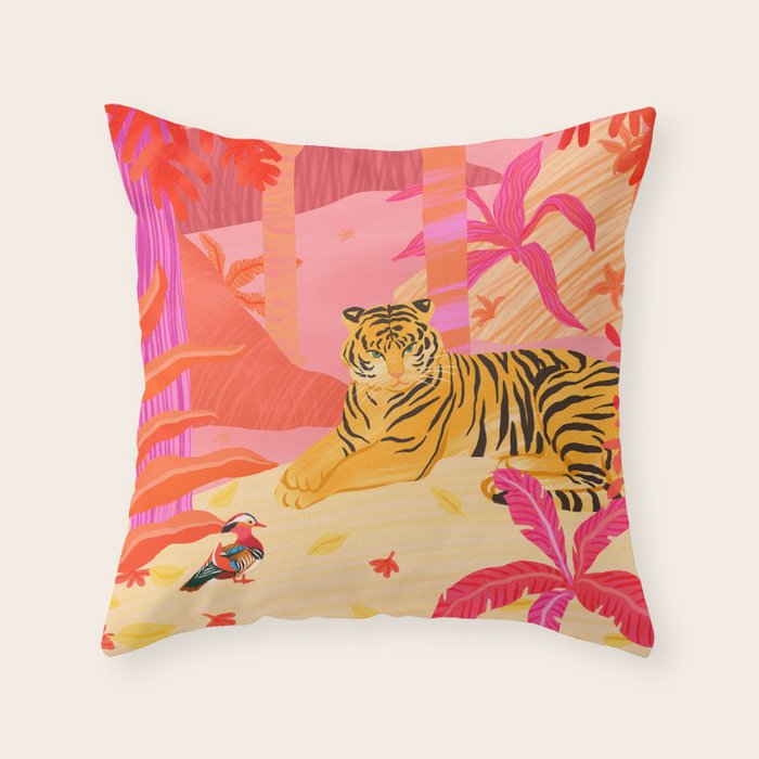 Tiger and Mandarin Ducks Throw Pillow Gallery Image 1