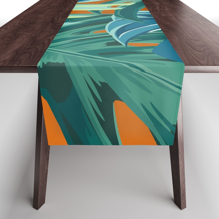 Tropical Monstera Palm Leaves on Orange Table Runner Gallery Image 1