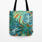 Tropical Monstera Palm Leaves on Orange Tote Bag Gallery Image 1