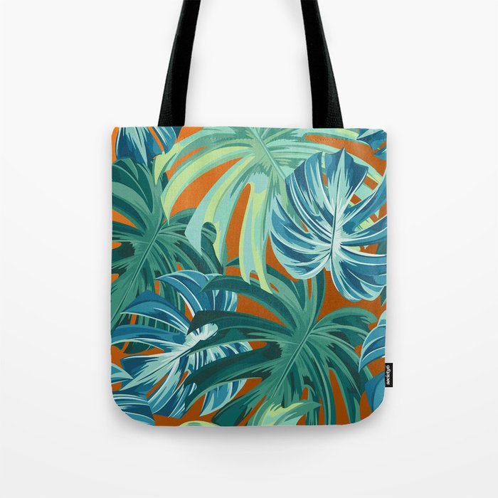 Tropical Monstera Palm Leaves on Orange Tote Bag Gallery Image 1