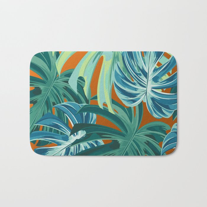 Tropical Monstera Palm Leaves on Orange Bath Mat Gallery Image 1