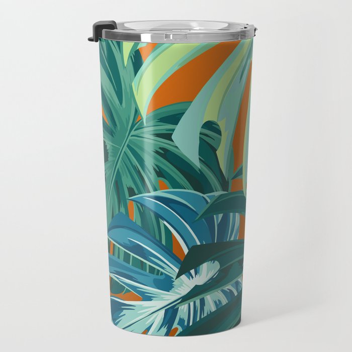 Tropical Monstera Palm Leaves on Orange Travel Mug Gallery Image 3