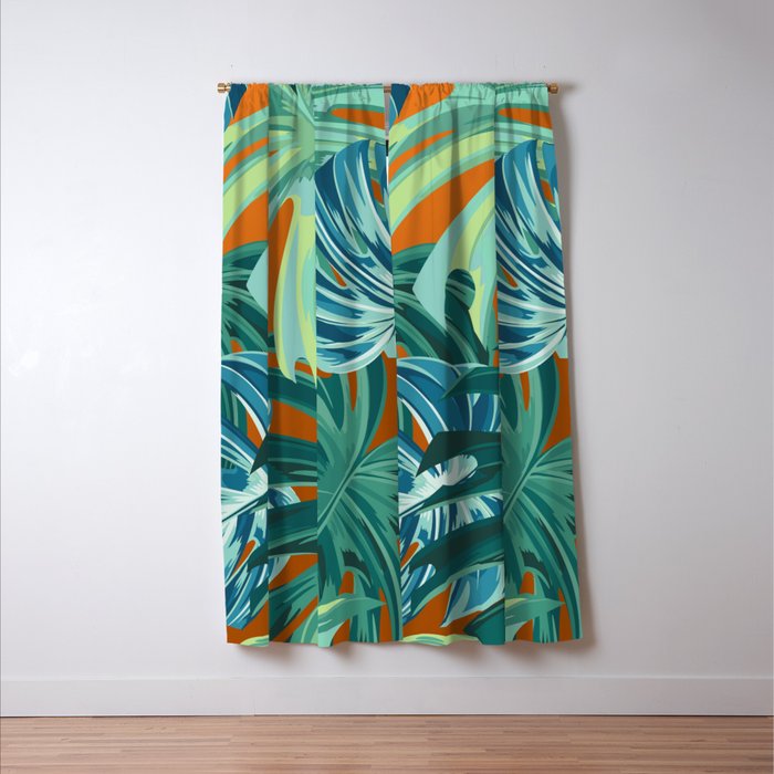 Tropical Monstera Palm Leaves on Orange Window Curtain Gallery Image 3