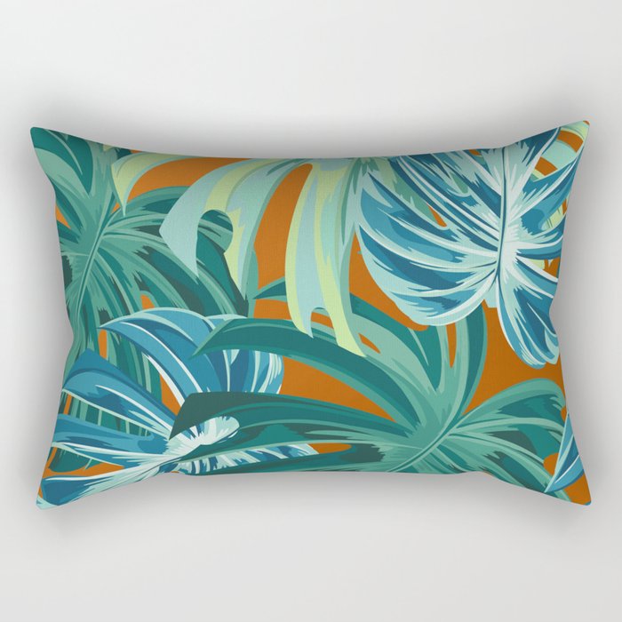 Tropical Monstera Palm Leaves on Orange Rectangular Pillow Gallery Image 1