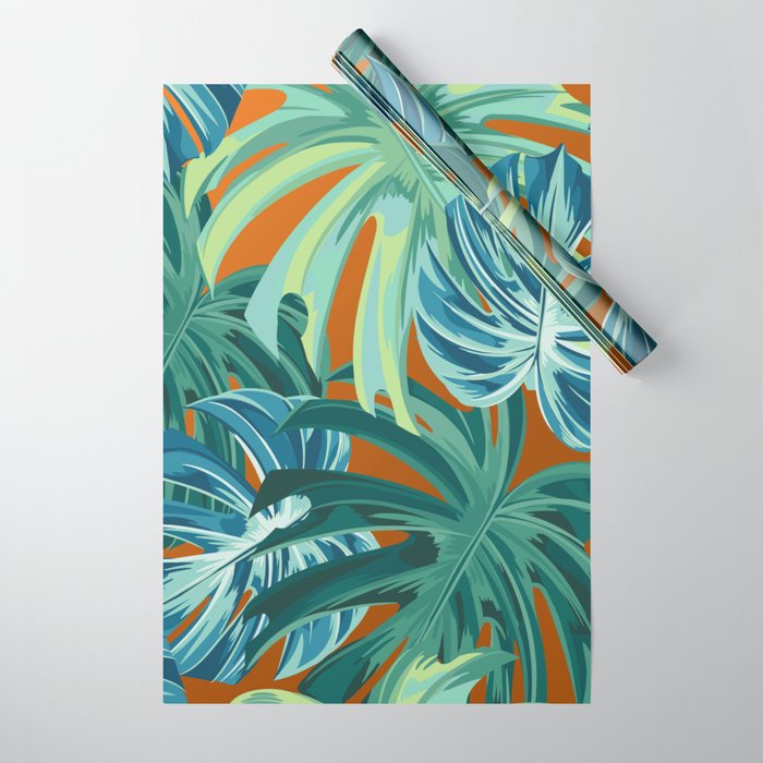 Tropical Monstera Palm Leaves on Orange Wrapping Paper Gallery Image 1