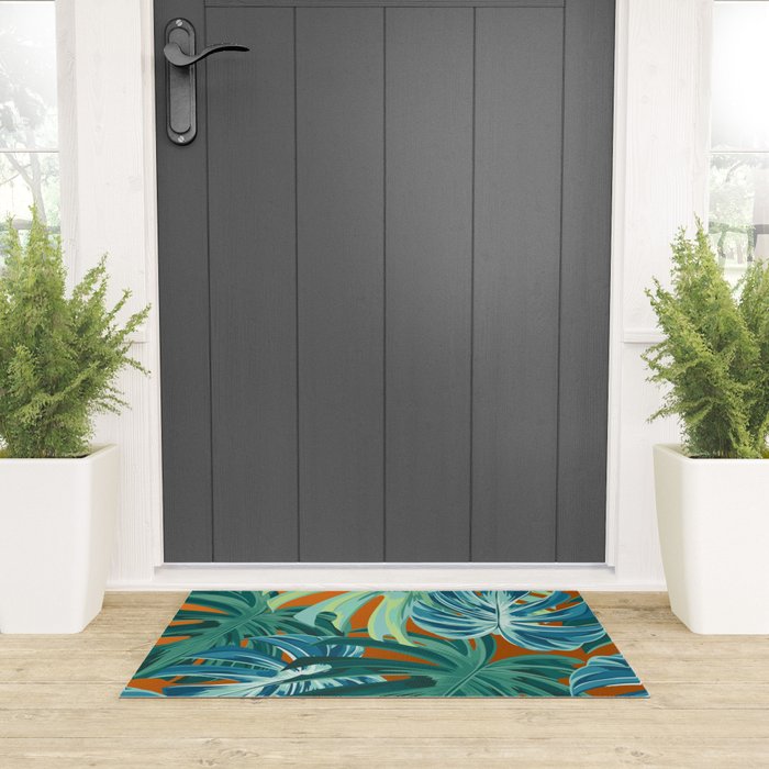 Tropical Monstera Palm Leaves on Orange Welcome Mat Gallery Image 3